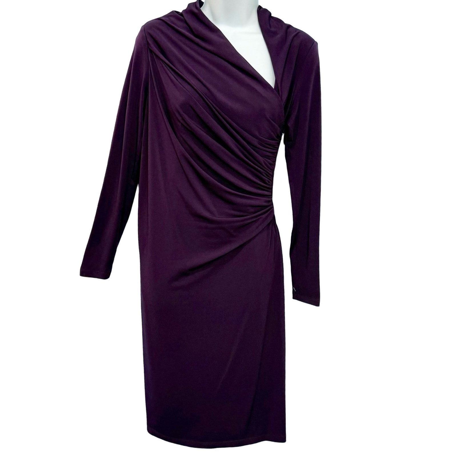 David Meister Ruched Asymmetrical Purple Faux Wrap Long Sleeve Sheath Dress Sz 4